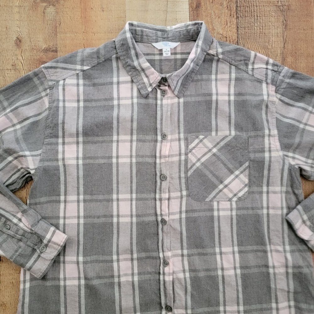 Time and Tru Gray and Pink Plaid Flannel Button Down Large - Picture 3 of 16